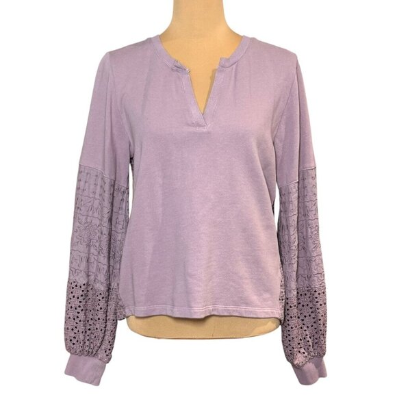 By Anthropologie Eyelet Sweatshirt Top Sz.S Lilac Oversized Embroidered Boho - Picture 4 of 15